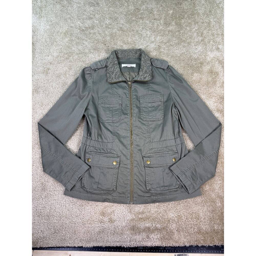 Ann Taylor LOFT Army Green Military Style Jacket Size Small Lace Collar
